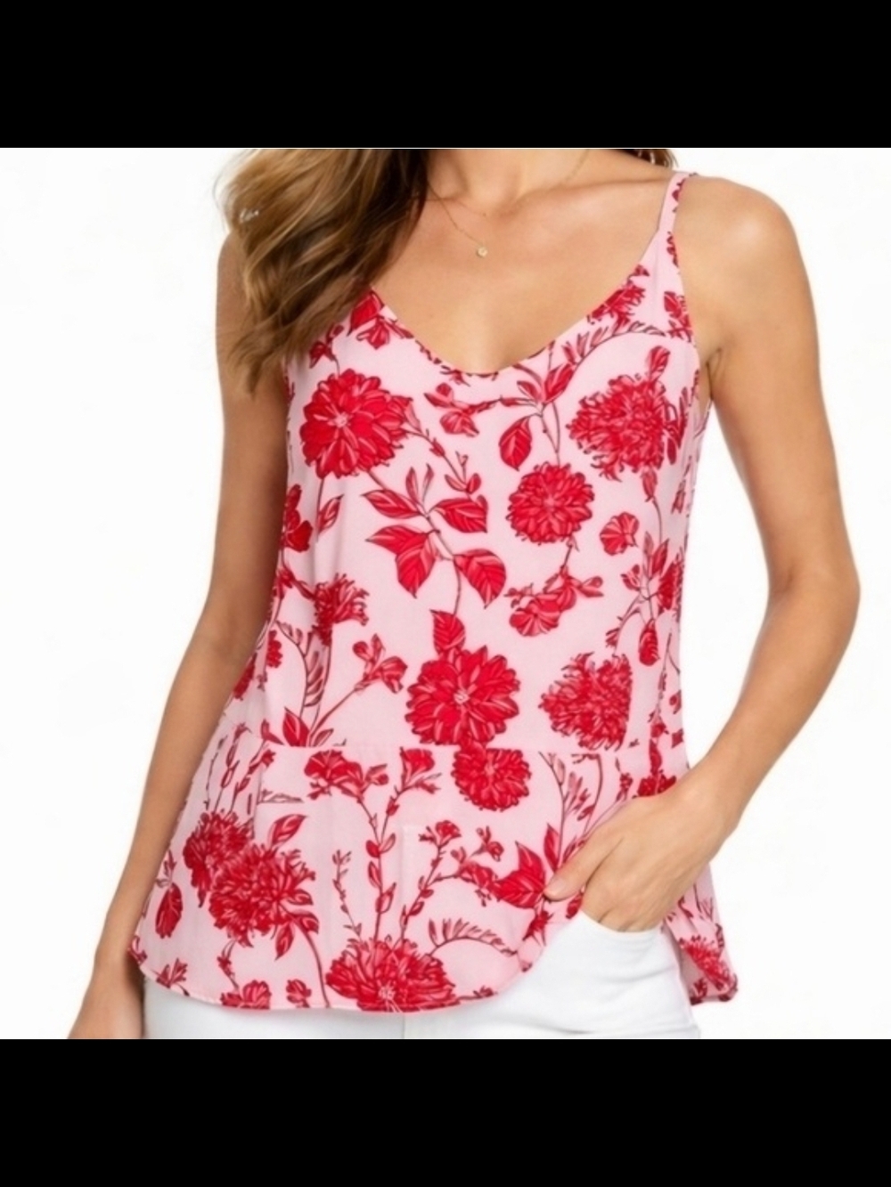 CAbi Size S Pink and Red Floral Scoop-Neck Camisole